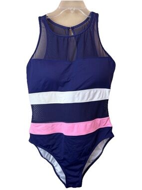 Anne Cole Blue White Pink High Neck Mesh One Piece Swimsuit, US 14